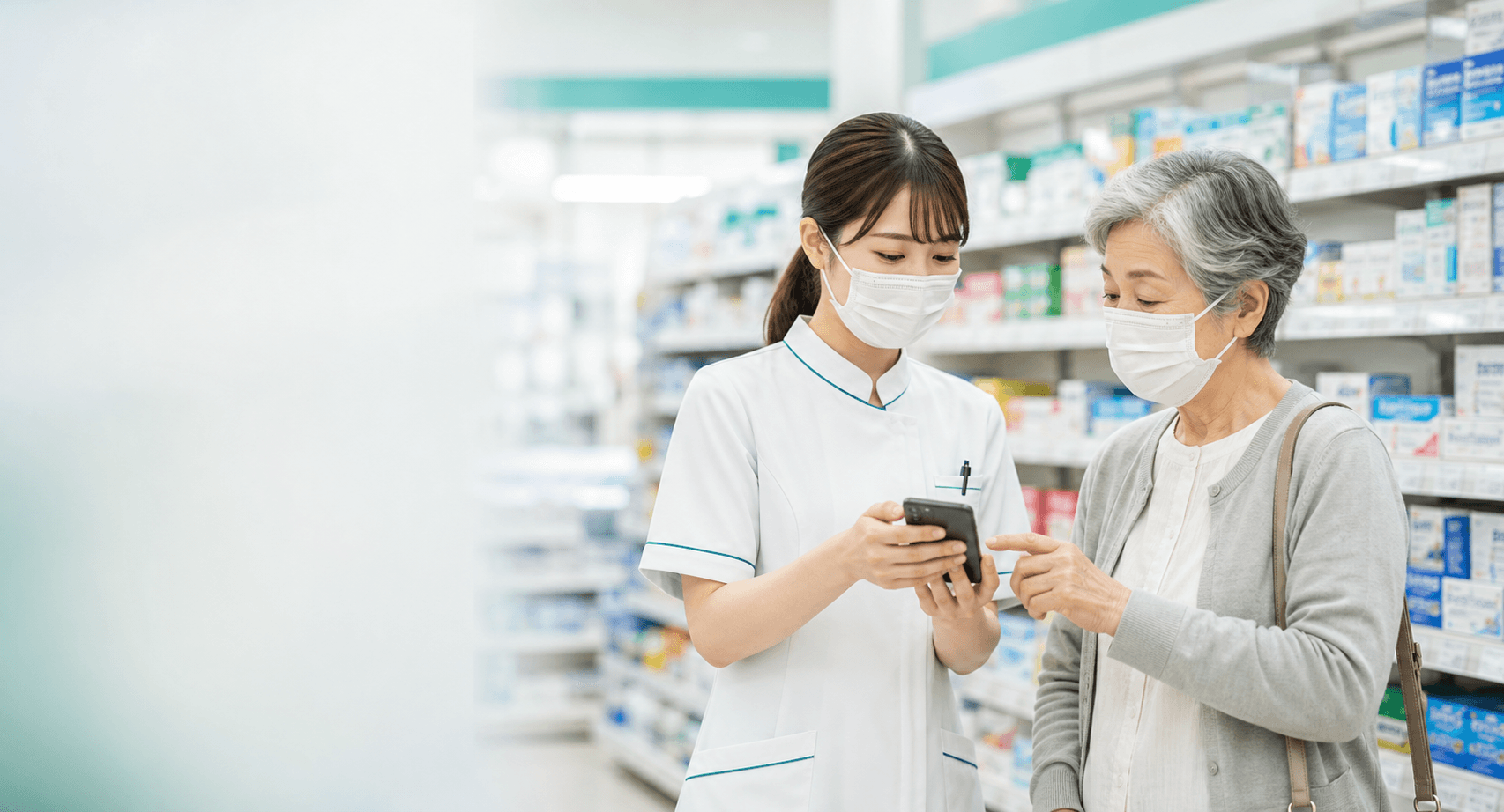 ドラッグストアの棚の前で、女性店員が高齢のお客様とスマートフォンを見ながら相談している様子